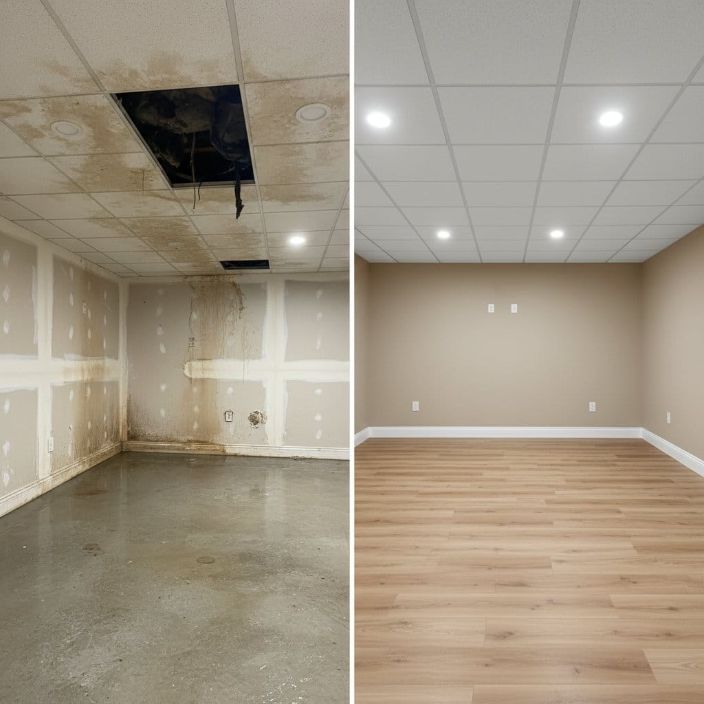 Water Damage Restoration before and after in residential basement, Tenafly NJ