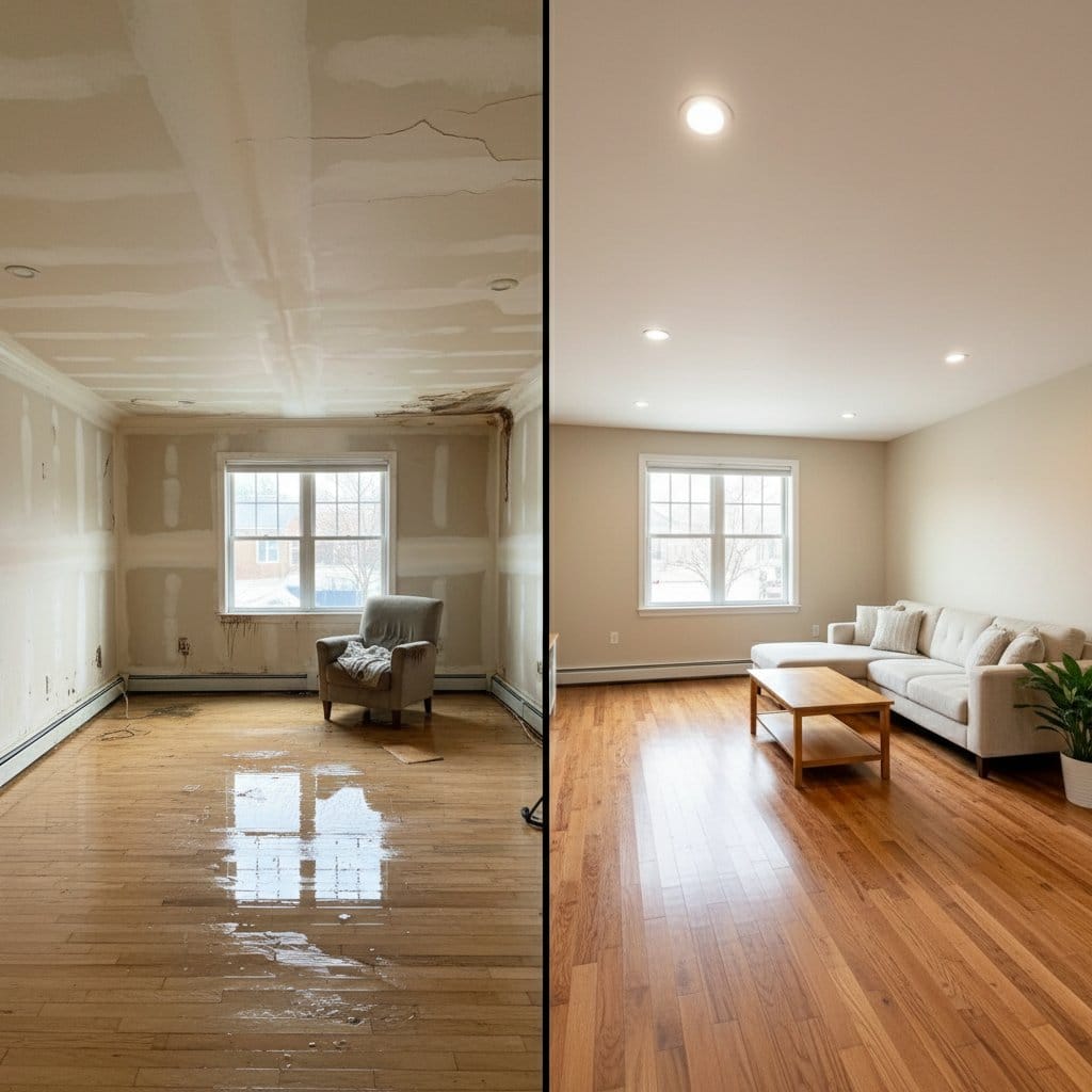 Emergency Water Removal before and after in living room, Tenafly NJ