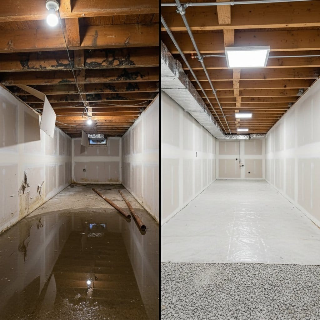 Basement Flood Cleanup restoration — crawl space of multi-family property in Tenafly, NJ