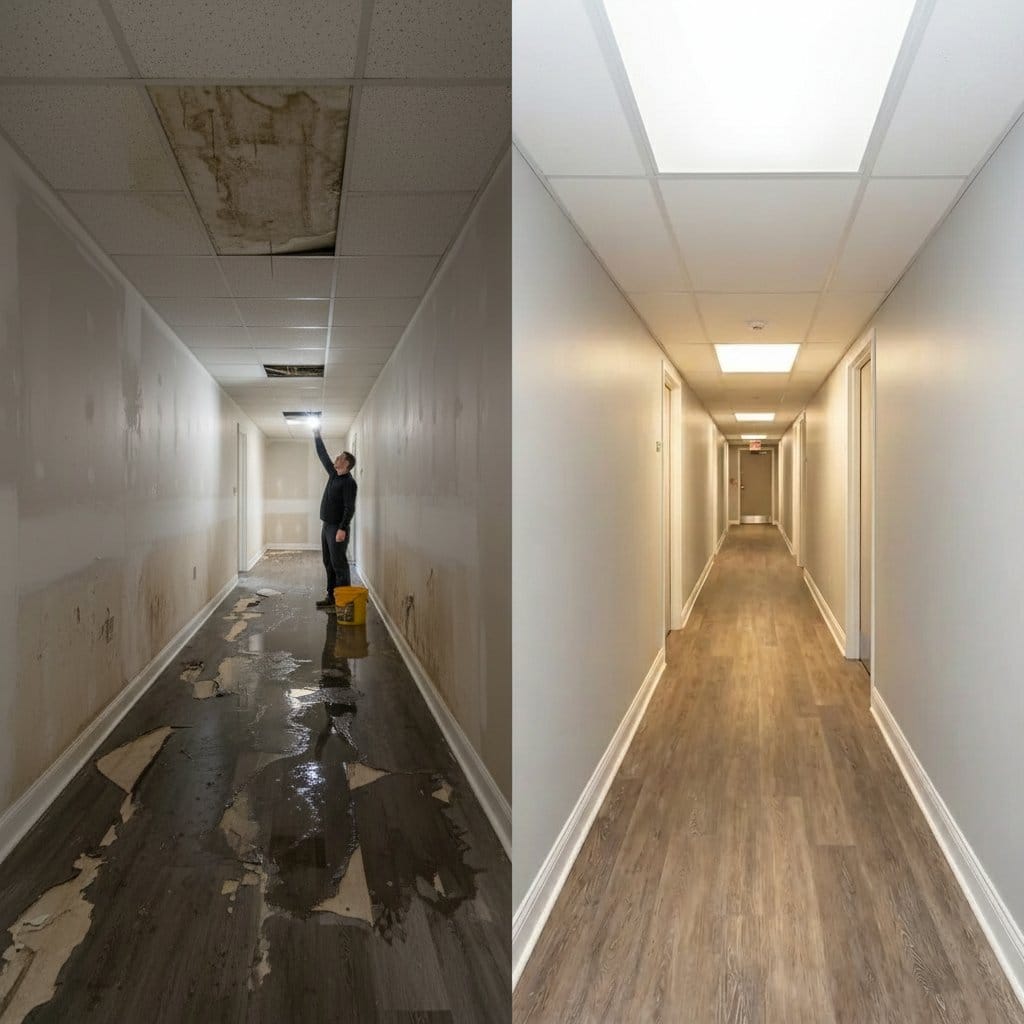 Burst Pipe & Plumbing Leak Damage before and after in hallway, Tenafly NJ