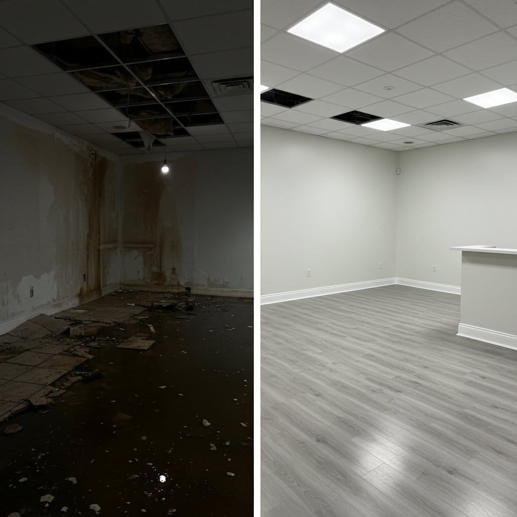 Before and after storm & roof leak water damage in Tenafly Cape Cod house storefront interior