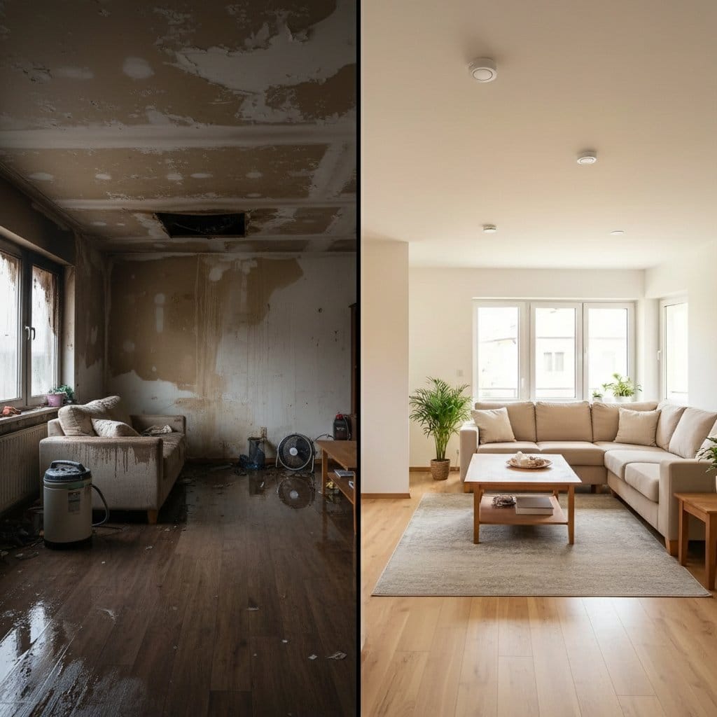 Structural Drying & Dehumidification before and after in living room, Tenafly NJ