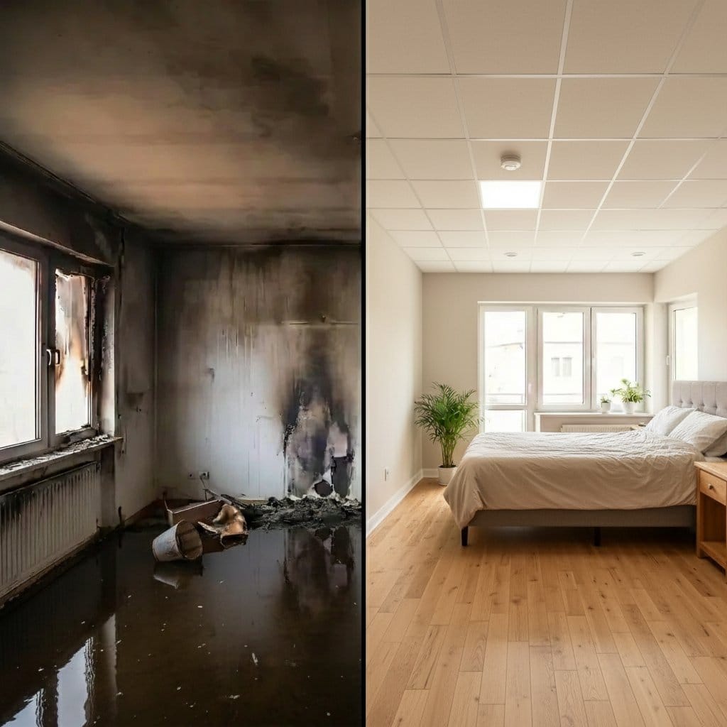 Before and after structural drying & dehumidification in Tenafly bi-level home bedroom