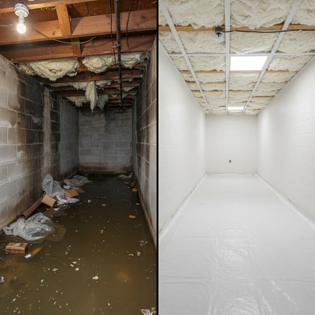 Carpet & Flooring Water Damage Cleanup restoration — crawl space of bungalow in Tenafly, NJ