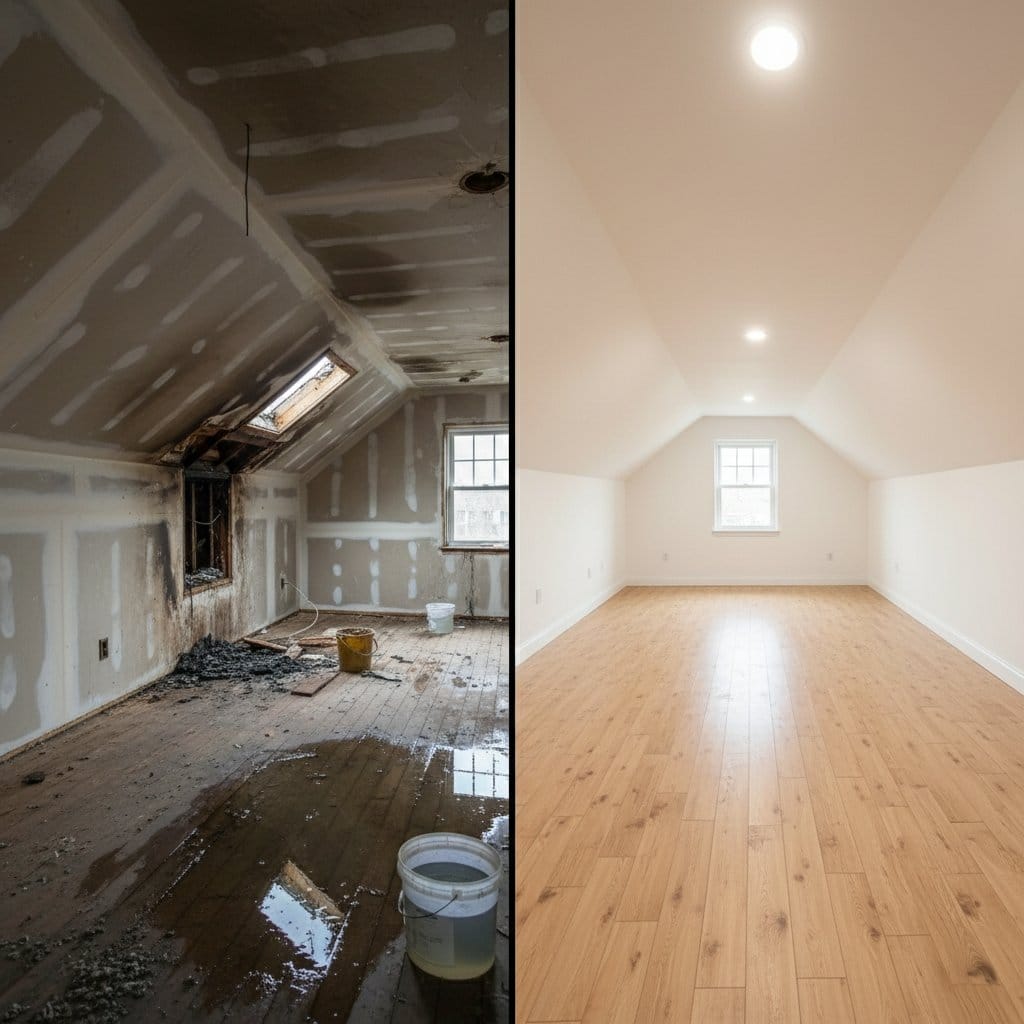 Before and after carpet & flooring water damage cleanup in Tenafly single-family home attic space