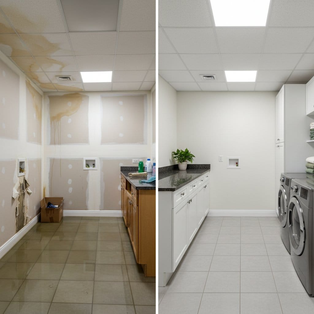 Wall & Ceiling Dry-Out restoration — laundry room of Cape Cod house in Tenafly, NJ