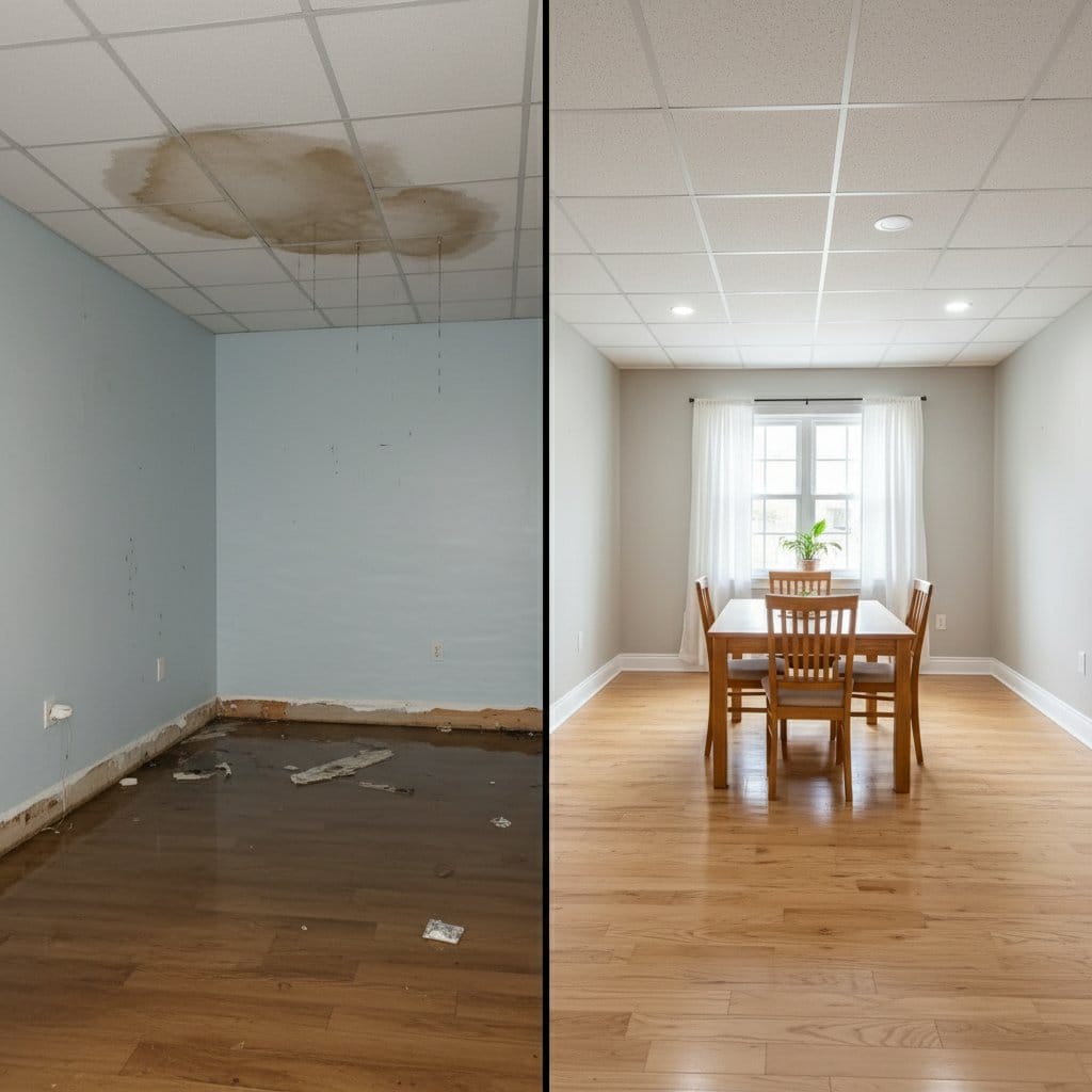 Before and after wall & ceiling dry-out in Tenafly ranch-style home dining room