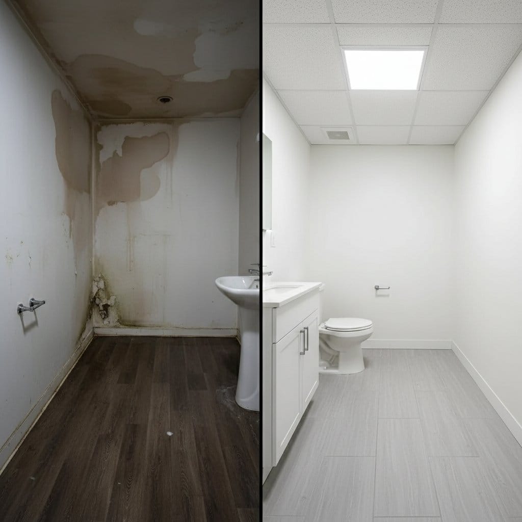 Before and after mold prevention after water damage in Tenafly Victorian home bathroom